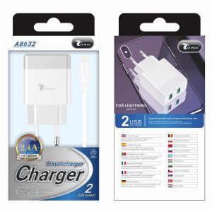 LT Plus A8632 cargador con cable lightning para iPhone / iPad, 2 puertos USB, 2.4A blanco