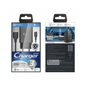 LT Plus A8598 cargador rápido QC 3.0 con cable micro USB, 1M, 3A negro
