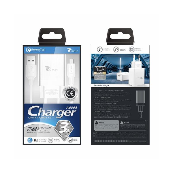 LT Plus A8598 cargador rápido QC 3.0 con cable micro USB, 1M, 3A blanco